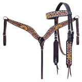 Hilason Horse Floral Hand Painted American Leather Breast Collar Headstall Dark Brown