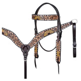 Hilason Horse Floral Hand Painted American Leather Breast Collar Headstall Dark Brown