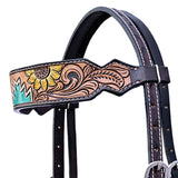 Hilason Horse Floral Hand Painted American Leather Breast Collar Headstall Dark Brown