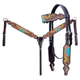 Hilason Horse Floral Hand Painted American Leather Breast Collar Headstall Dark Brown