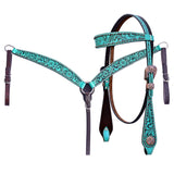 Hilason Horse Floral Hand Painted American Leather Breast Collar Headstall Turquoise