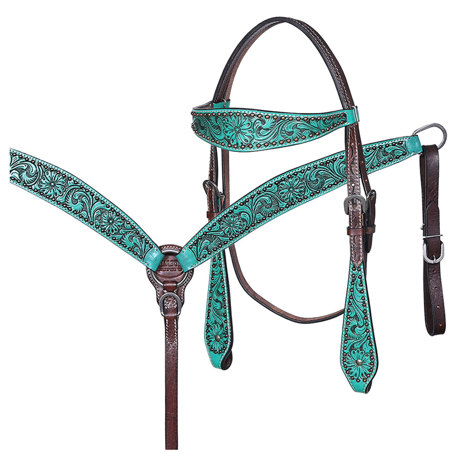 Hilason Horse Floral Hand Painted American Leather Breast Collar Headstall Turquoise - Uhorse