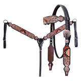 Hilason Horse Floral Hand Painted American Leather Breast Collar Headstall Dark Brown