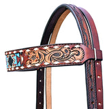 Hilason Horse Floral Hand Carved American Leather Breast Collar Headstall W/ Beaded Work Brown