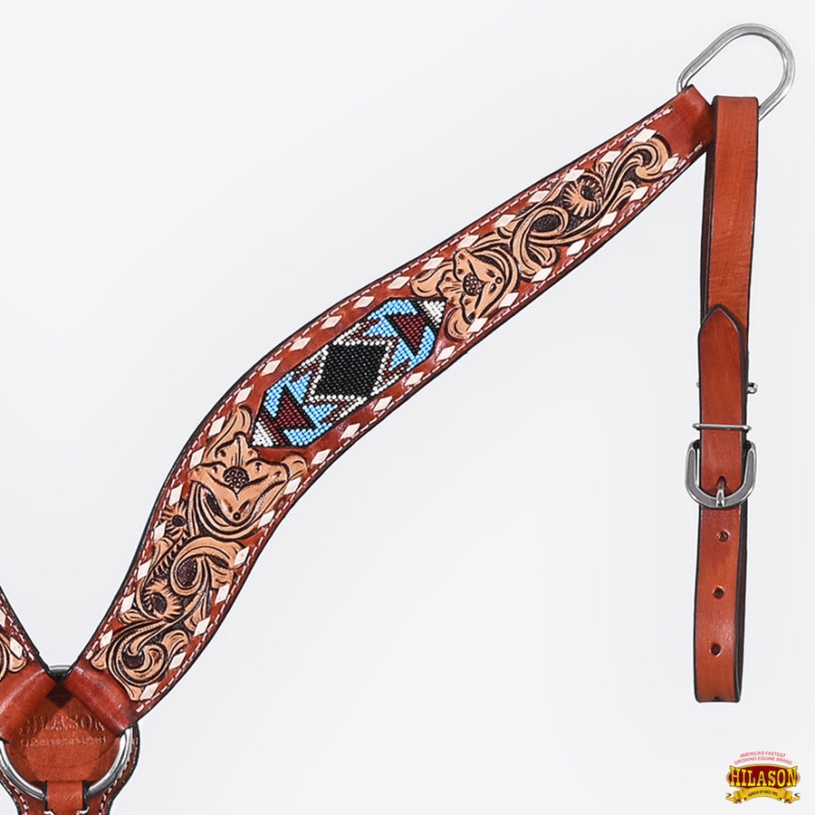 HILASON Western Horse Headstall & Breast Collar American Leather Floral Beaded