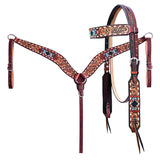 Hilason Horse Floral Hand Carved American Leather Breast Collar Headstall W/ Beaded Work Brown