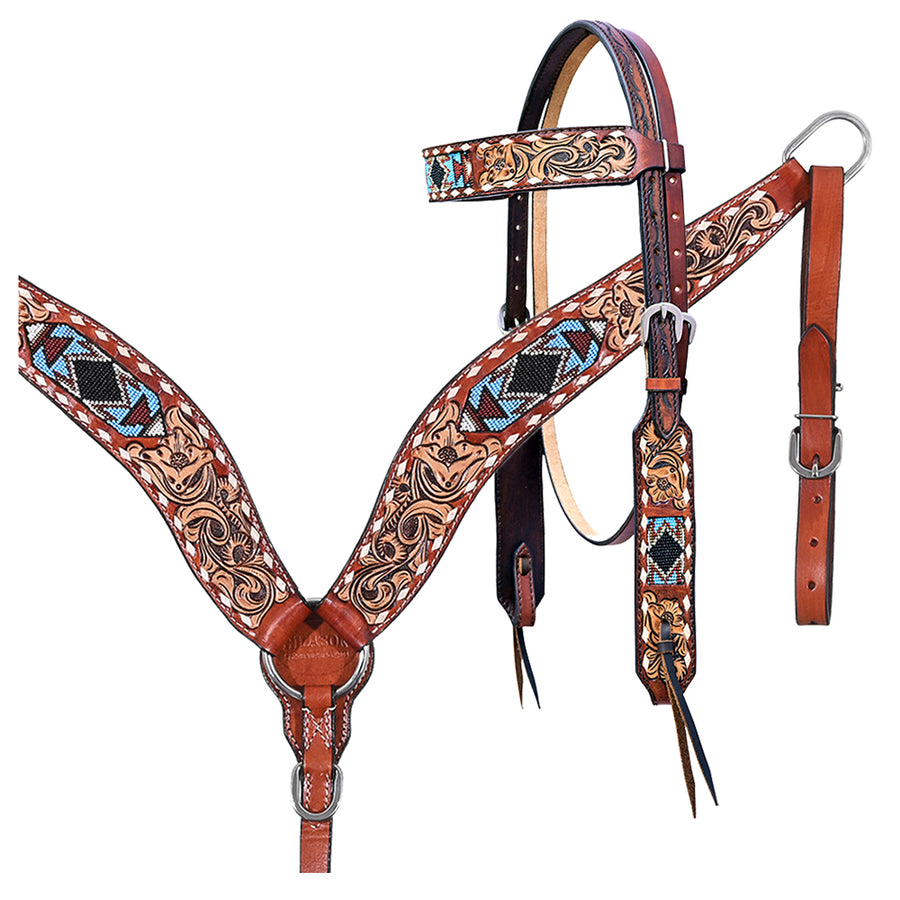 Hilason Horse Floral Hand Carved American Leather Breast Collar Headstall with Beaded Work Brown - Uhorse