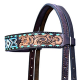 Hilason Horse Floral Hand Carved American Leather Breast Collar Headstall W/ Beaded Work Dark Brown