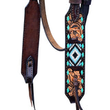 Hilason Horse Floral Hand Carved American Leather Breast Collar Headstall W/ Beaded Work Dark Brown