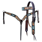 Hilason Horse Floral Hand Carved American Leather Breast Collar Headstall W/ Beaded Work Dark Brown