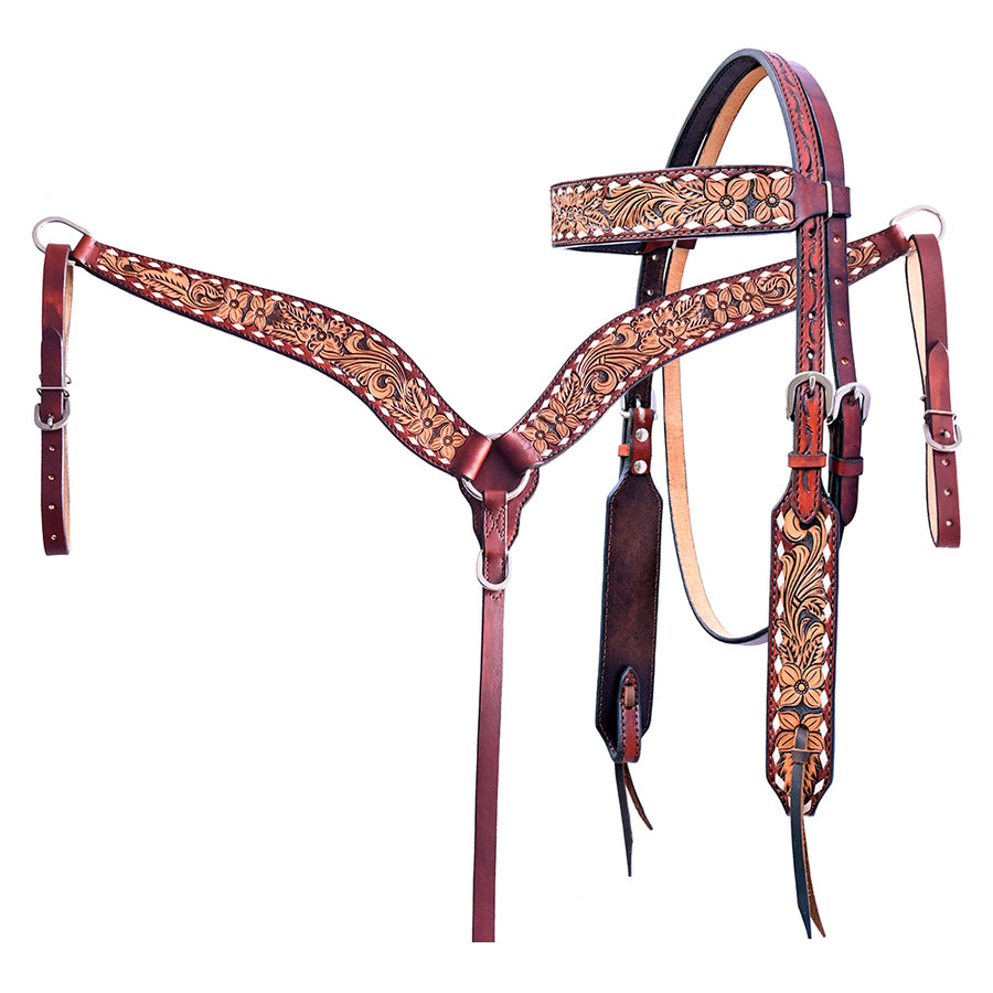HILASON W. H. Floral Hand Carved Tk. Set Genuine Leather Brown – by Hilason – Cowboy and equestrian accessories