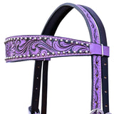 Hilason Horse Floral Hand Painted American Leather Breast Collar Headstall Purple