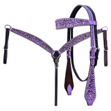 Hilason Horse Floral Hand Painted American Leather Breast Collar Headstall Purple