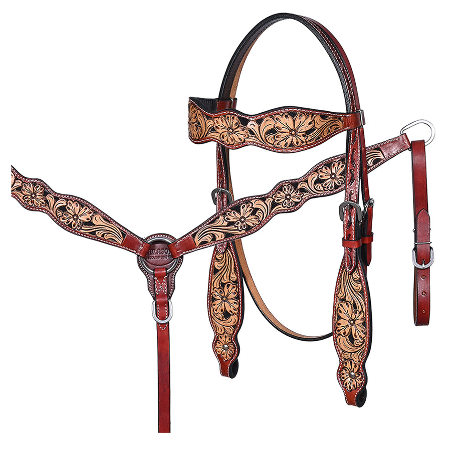 HILASON Western Horse Floral Hand Carved Tack Set Genuine Leather Brown - Uhorse