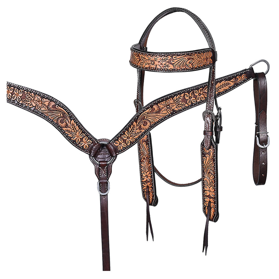 Hilason Horse Floral Hand Carved American Leather Breast Collar Headstall Dark Brown - Uhorse