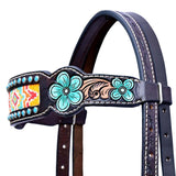 Hilason Horse Floral Hand Painted American Leather Breast Collar Headstall W/ Beaded Work Dark Brown