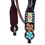 Hilason Horse Floral Hand Painted American Leather Breast Collar Headstall W/ Beaded Work Dark Brown