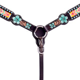 Hilason Horse Floral Hand Painted American Leather Breast Collar Headstall W/ Beaded Work Dark Brown