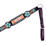 Hilason Horse Floral Hand Painted American Leather Breast Collar Headstall W/ Beaded Work Dark Brown