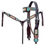 Hilason Horse Floral Hand Painted American Leather Breast Collar Headstall W/ Beaded Work Dark Brown