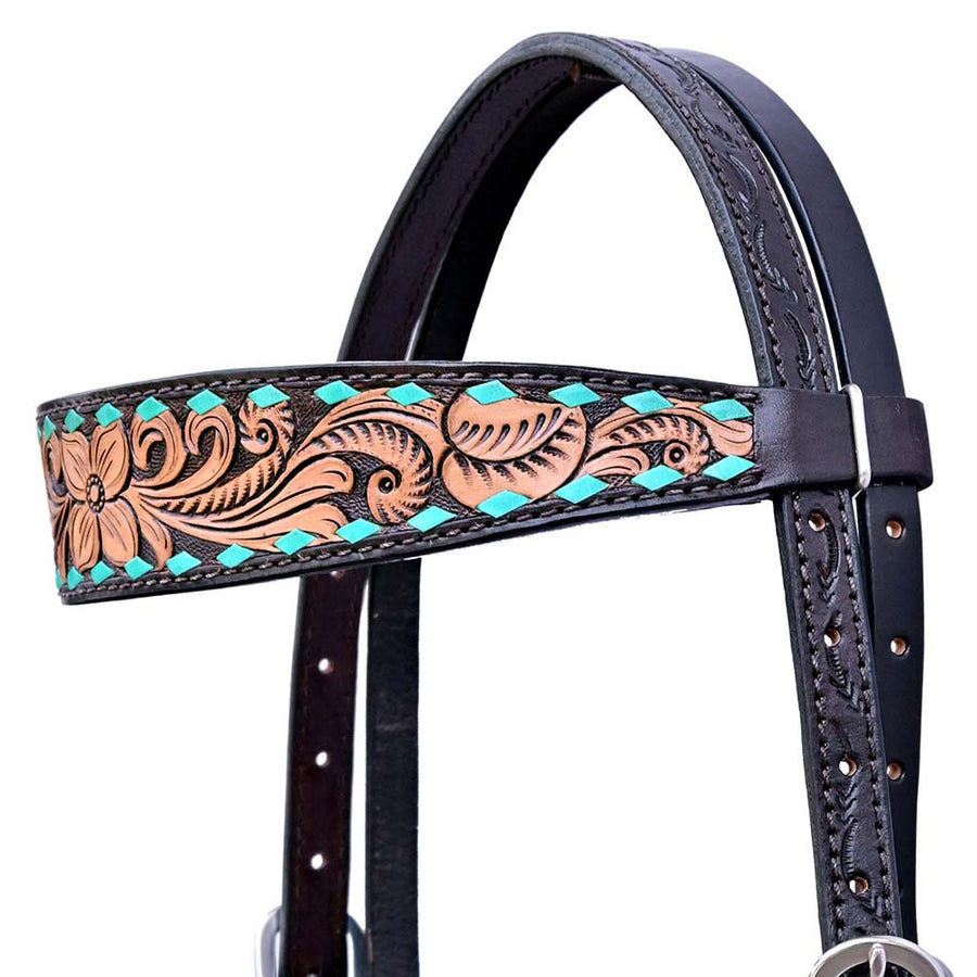 Hilason Horse Floral Hand Carved American Leather Breast Collar Headstall Dark Brown