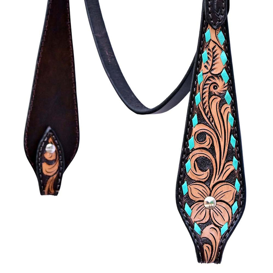 Hilason Horse Floral Hand Carved American Leather Breast Collar Headstall Dark Brown