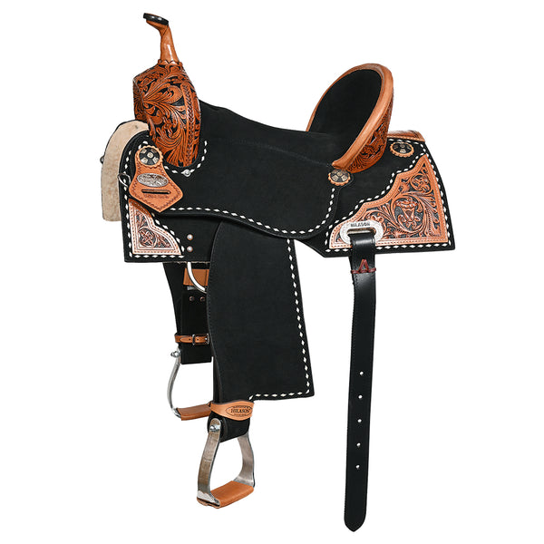 Hilason Western Horse Barrel Flex Tree Trail American Leather Saddle Black Gorgeous Floral Hand Tooled and Carved - Uhorse