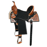 16 In Hilason Western Horse Barrel Flex Tree Trail American Leather Saddle Black Gorgeous Floral Hand Tooled and - Uhorse