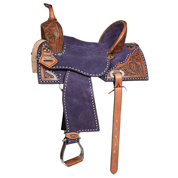 Hilason Western Horse Barrel Flex Tree Trail American Leather Saddle Blue Gorgeous Floral Hand Tooled and Carved - Uhorse