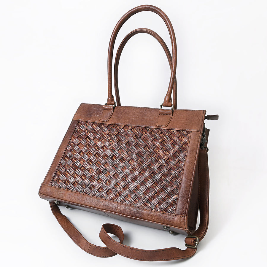 American Darling Western Tote Bag Handcrafted Basket weave Tooled Leather Women Bag | Distressed Rustic Finish, Double Handles & Top YKK Zipper