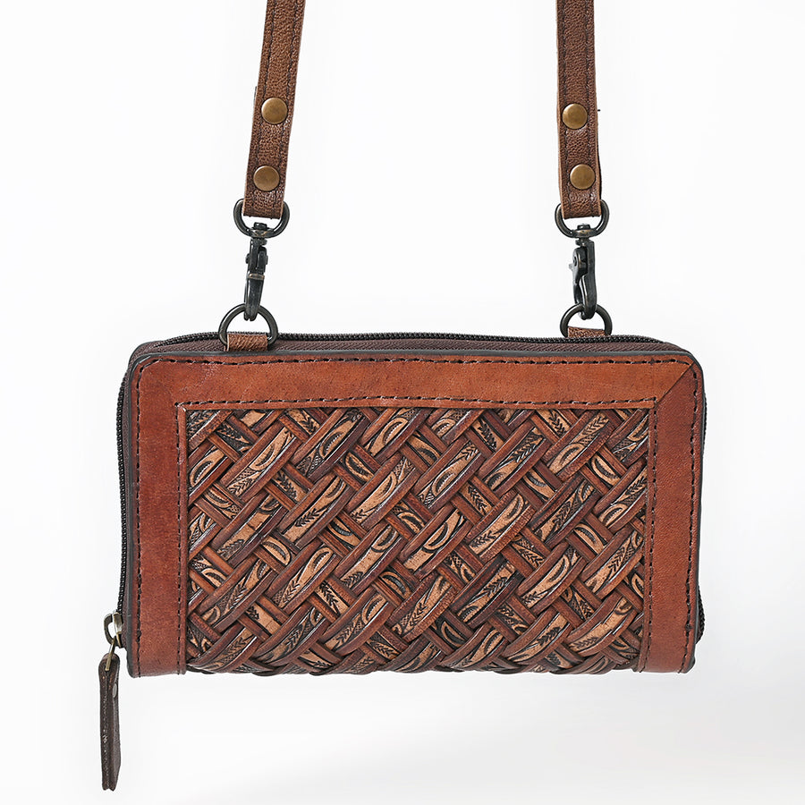 American Darling Small Western Cross Body Wallet Handcrafted from Basket Weave Genuine Leather | Full Grain Trim & YKK Zipper