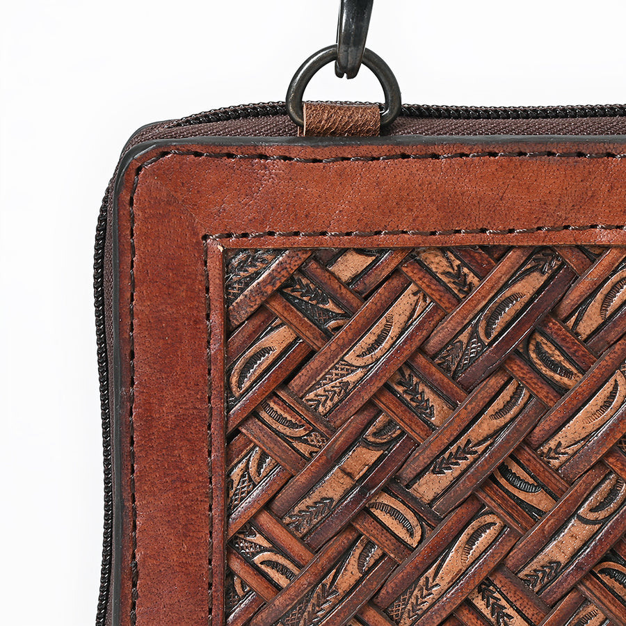American Darling Small Western Cross Body Wallet Handcrafted from Basket Weave Genuine Leather | Full Grain Trim & YKK Zipper