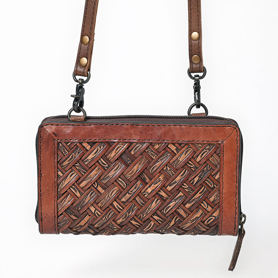 American Darling Small Western Cross Body Wallet Handcrafted from Basket Weave Genuine Leather | Full Grain Trim & YKK Zipper