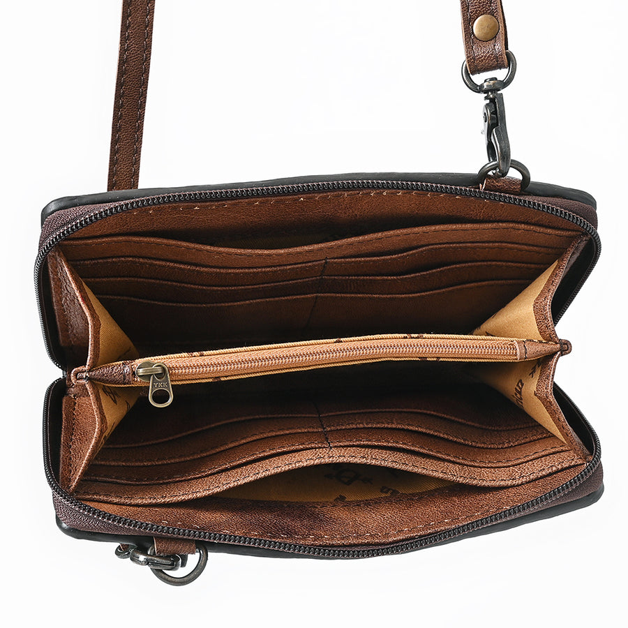 American Darling Small Western Cross Body Wallet Handcrafted from Basket Weave Genuine Leather | Full Grain Trim & YKK Zipper
