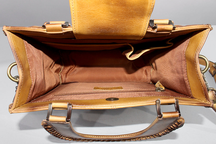 American Darling Western Hand-Tooled Quilted Leather Crossbody Bag Burnished Tan
