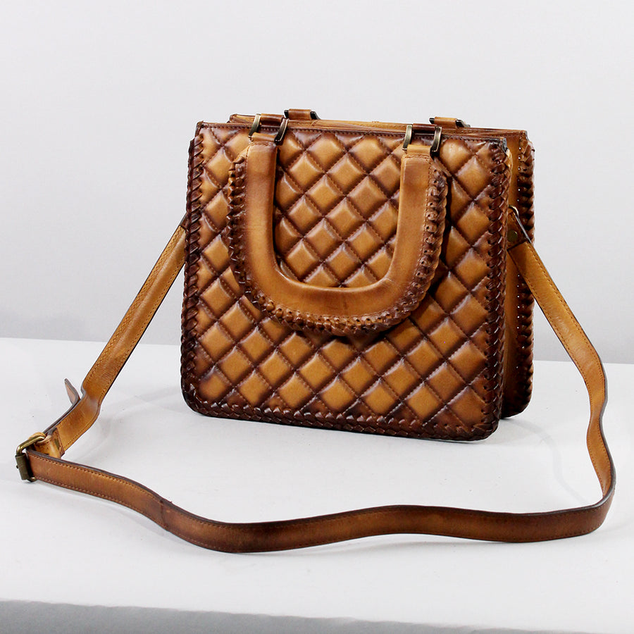 American Darling Western Hand-Tooled Quilted Leather Crossbody Bag Burnished Tan - Uhorse