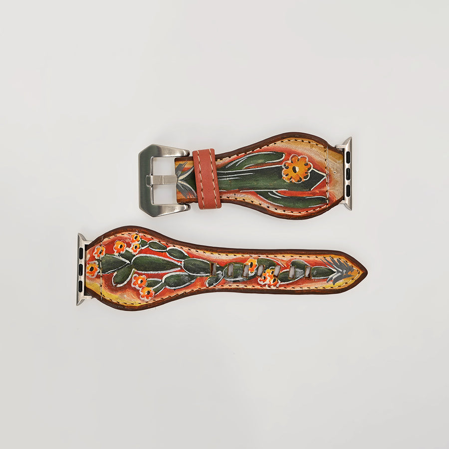 American Darling Hand Tooled Leather Smart Watch Band – Floral Cactus Painted Western Watch Strap