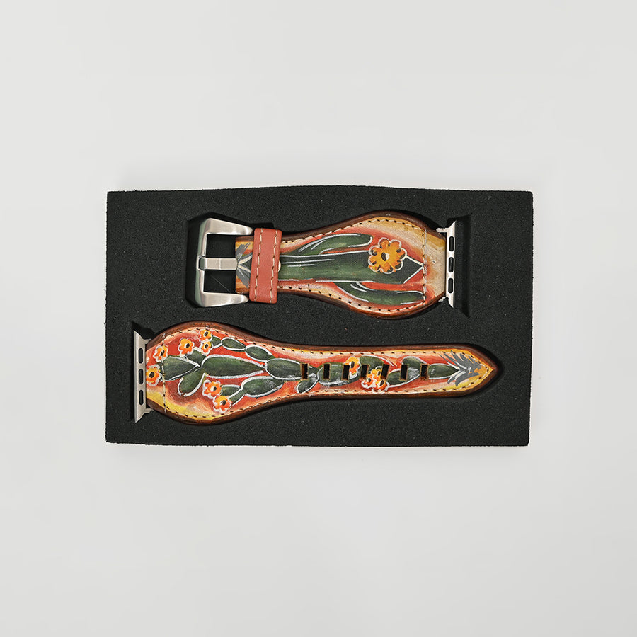 American Darling Hand Tooled Leather Smart Watch Band – Floral Cactus Painted Western Watch Strap