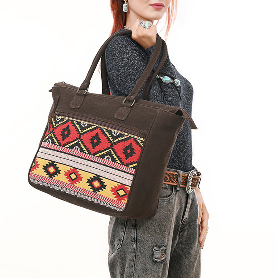 OHLAY Tote Upcycled Canvas Genuine Leather Women Bag Western Handbag Purse