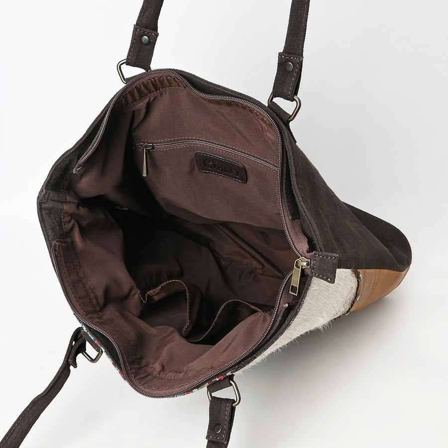 OHLAY Tote Hair On Upcycled Canvas Genuine Leather Women Bag Western Handbag Purse