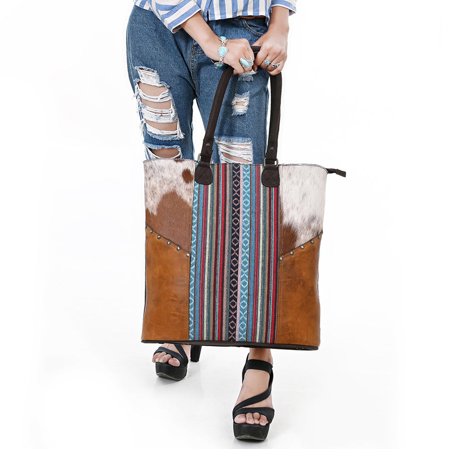 OHLAY Tote Hair On Upcycled Canvas Genuine Leather Women Bag Western Handbag Purse