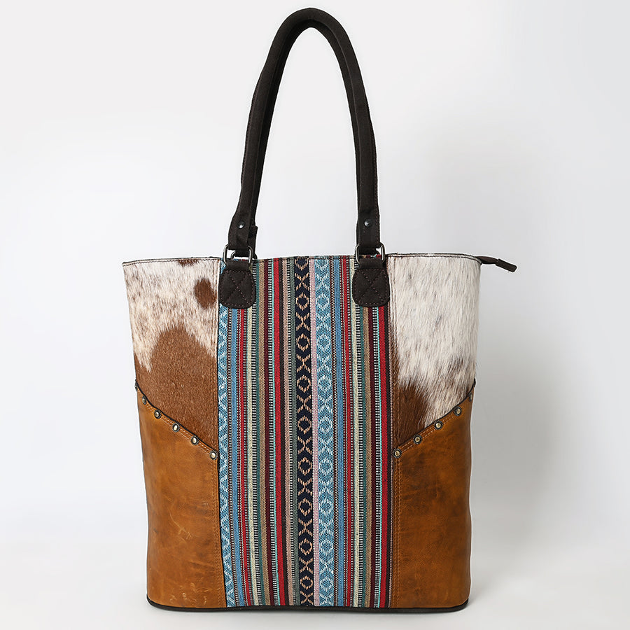 OHLAY Tote Hair On Upcycled Canvas Genuine Leather Women Bag Western Handbag Purse