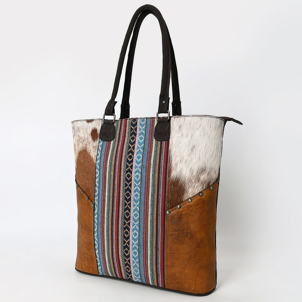 OHLAY Tote Hair On Upcycled Canvas Genuine Leather Women Bag Western Handbag Purse - Uhorse