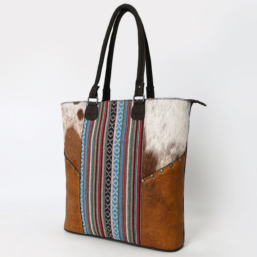 OHLAY Tote Hair On Upcycled Canvas Genuine Leather Women Bag Western Handbag Purse - Uhorse