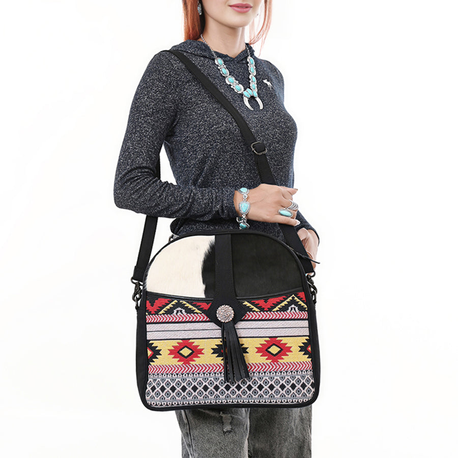 OHLAY Cross Body Hair On Upcycled Canvas Genuine Leather Women Bag Western Handbag Purse