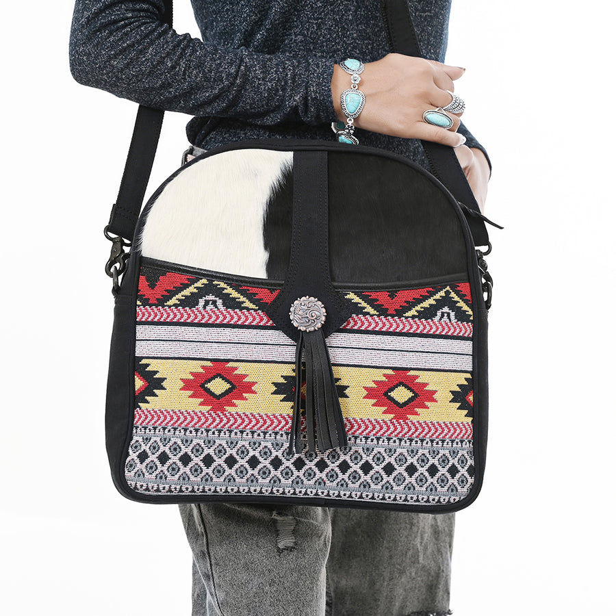 OHLAY Cross Body Hair On Upcycled Canvas Genuine Leather Women Bag Western Handbag Purse