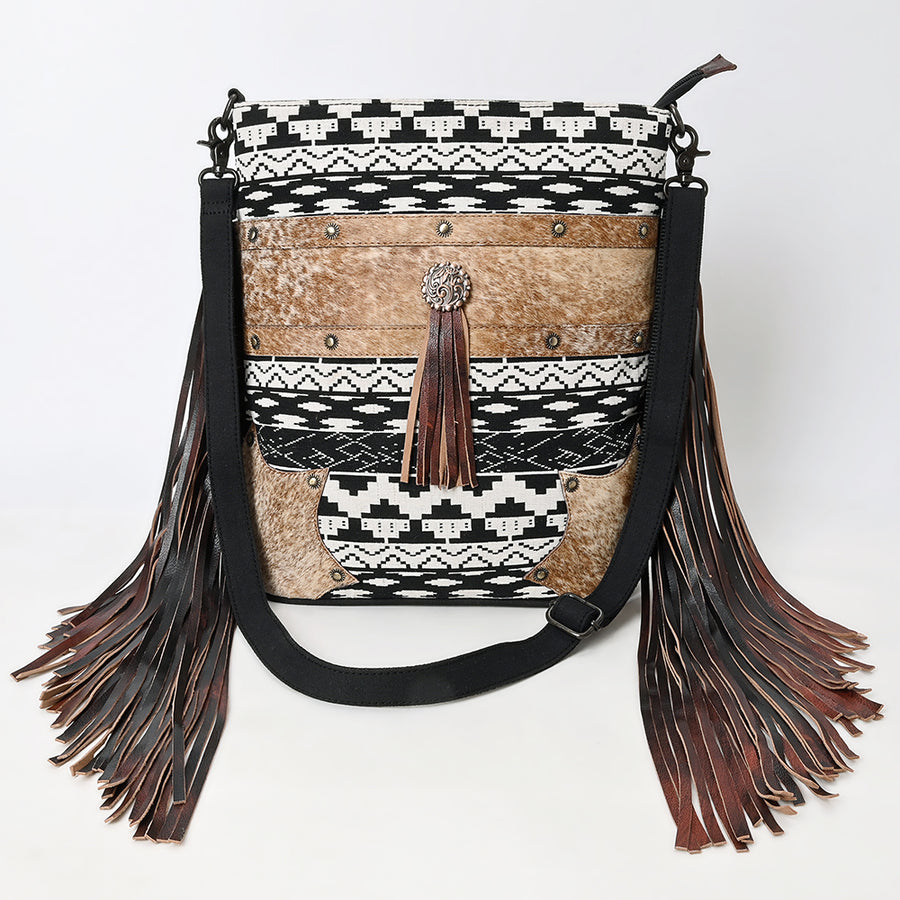 OHLAY Large Crossbody Hair On Upcycled Canvas Genuine Leather Women Bag Western Handbag Purse