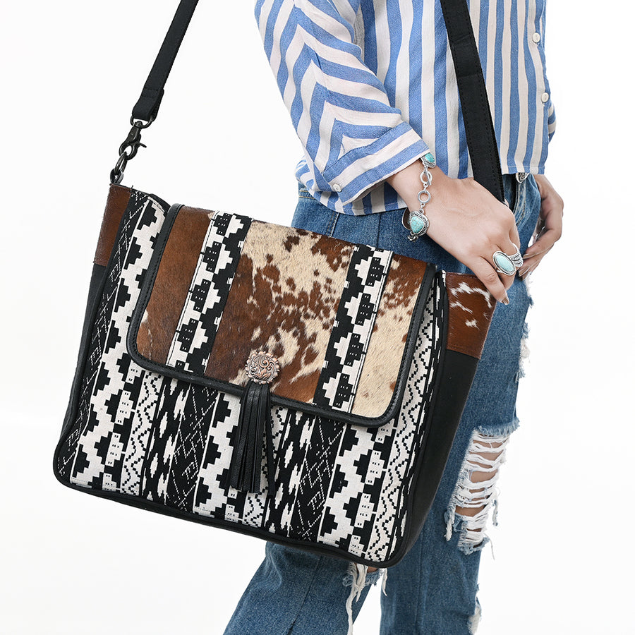 OHLAY Crossbody Hair On Upcycled Canvas Genuine Leather Women Bag Western Handbag Purse