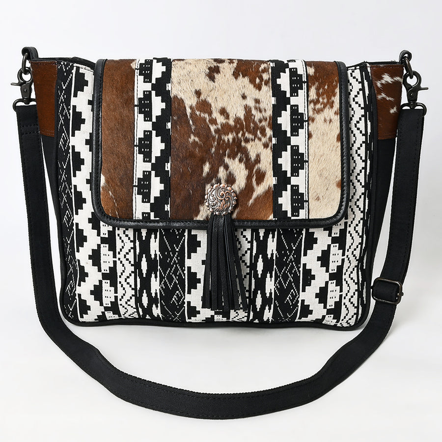 OHLAY Crossbody Hair On Upcycled Canvas Genuine Leather Women Bag Western Handbag Purse