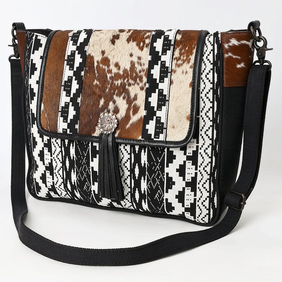 OHLAY Crossbody Hair On Upcycled Canvas Genuine Leather Women Bag Western Handbag Purse - Uhorse